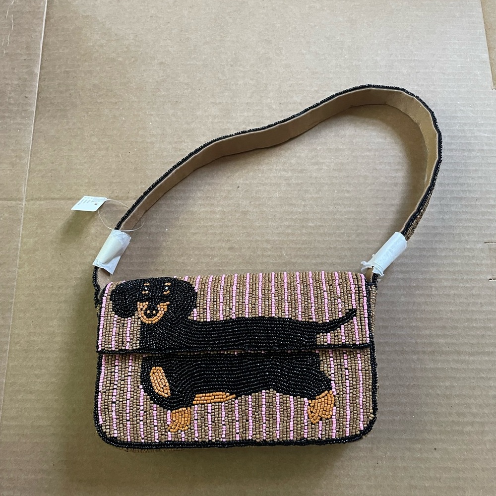 Anthropologie Pink and Black Beaded Dog Bag